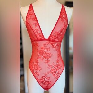 Sheer Red Lace Plunge Bodysuit / Lingerie - New! (W/O tags)